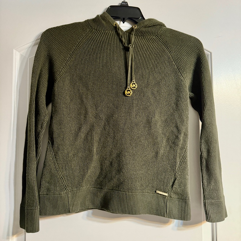 Michael Kors Hoodie Sweater Womens M Olive Green Waffle Knit MK Logo Gorpcore